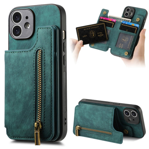 For iPhone 12 Retro Leather Zipper Wallet Back Phone Case(Green) - BaskiFit
