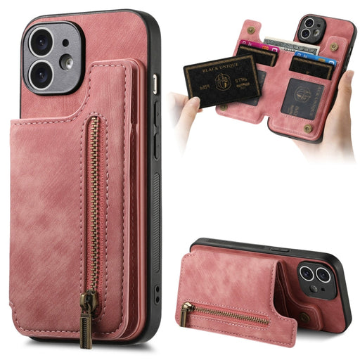 For iPhone 11 Retro Leather Zipper Wallet Back Phone Case(Pink) - BaskiFit