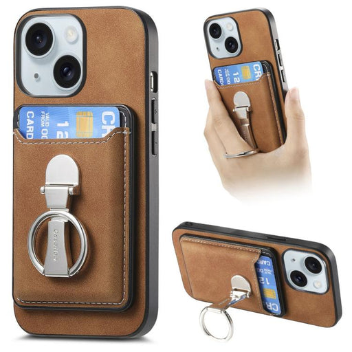 For iPhone 15 Retro Folding Ring Holder Card Bag MagSafe Phone Case(Brown) - BaskiFit
