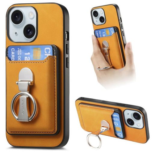 For iPhone 15 Retro Folding Ring Holder Card Bag MagSafe Phone Case(Yellow) - BaskiFit