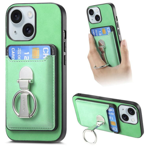For iPhone 15 Retro Folding Ring Holder Card Bag MagSafe Phone Case(Green) - BaskiFit