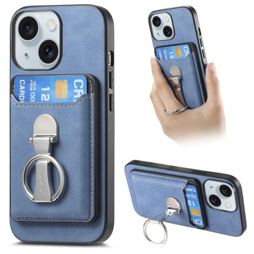 For iPhone 15 Retro Folding Ring Holder Card Bag MagSafe Phone Case(Blue) - BaskiFit