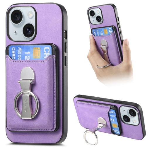 For iPhone 15 Plus Retro Folding Ring Holder Card Bag MagSafe Phone Case(Purple) - BaskiFit