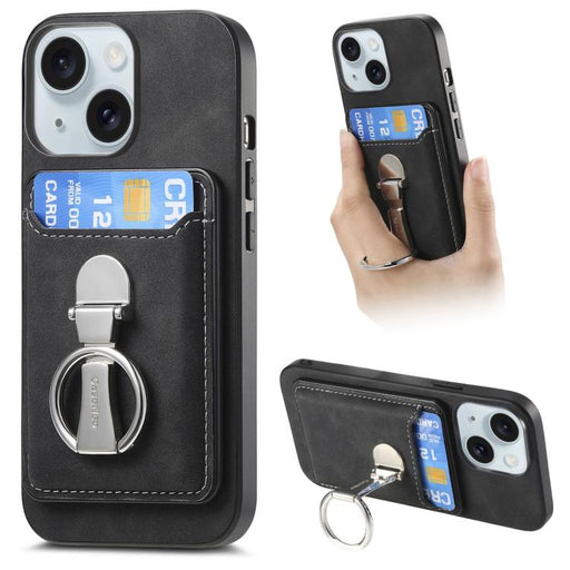 For iPhone 15 Plus Retro Folding Ring Holder Card Bag MagSafe Phone Case(Black) - BaskiFit