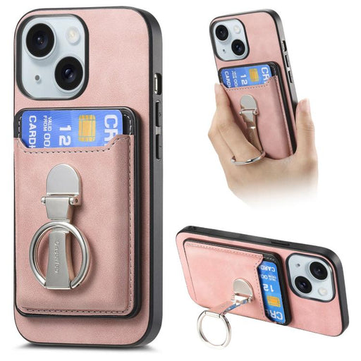 For iPhone 15 Plus Retro Folding Ring Holder Card Bag MagSafe Phone Case(Pink) - BaskiFit