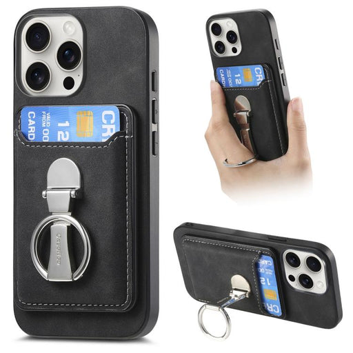 For iPhone 15 Pro Retro Folding Ring Holder Card Bag MagSafe Phone Case(Black) - BaskiFit