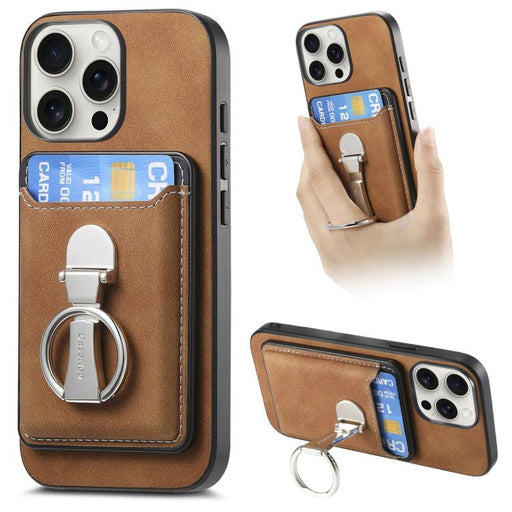 For iPhone 15 Pro Retro Folding Ring Holder Card Bag MagSafe Phone Case(Brown) - BaskiFit