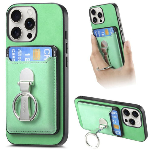 For iPhone 15 Pro Retro Folding Ring Holder Card Bag MagSafe Phone Case(Green) - BaskiFit