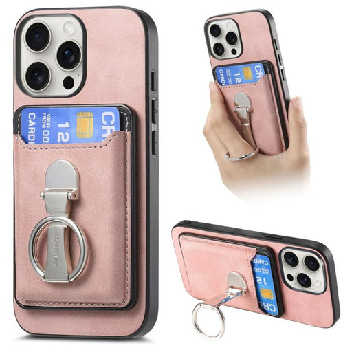 For iPhone 15 Pro Retro Folding Ring Holder Card Bag MagSafe Phone Case(Pink) - BaskiFit