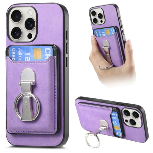 For iPhone 15 Pro Max Retro Folding Ring Holder Card Bag MagSafe Phone Case(Purple) - BaskiFit
