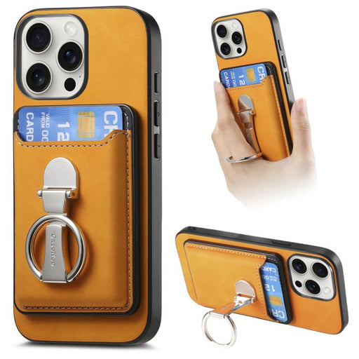 For iPhone 15 Pro Max Retro Folding Ring Holder Card Bag MagSafe Phone Case(Yellow) - BaskiFit