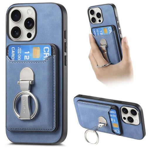 For iPhone 15 Pro Max Retro Folding Ring Holder Card Bag MagSafe Phone Case(Blue) - BaskiFit