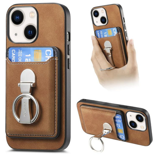 For iPhone 14 Retro Folding Ring Holder Card Bag MagSafe Phone Case(Brown)