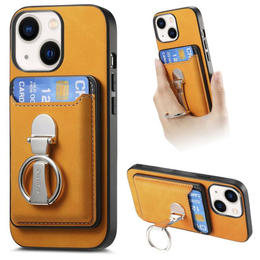 For iPhone 14 Retro Folding Ring Holder Card Bag MagSafe Phone Case(Yellow)