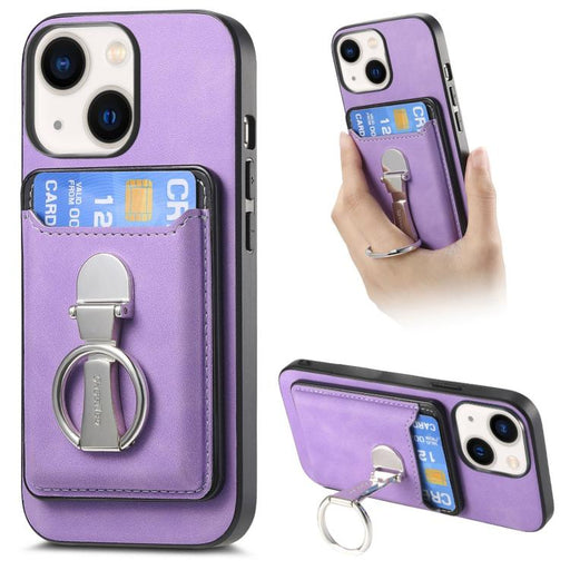 For iPhone 14 Plus Retro Folding Ring Holder Card Bag MagSafe Phone Case(Purple)