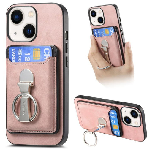 For iPhone 14 Plus Retro Folding Ring Holder Card Bag MagSafe Phone Case(Pink)