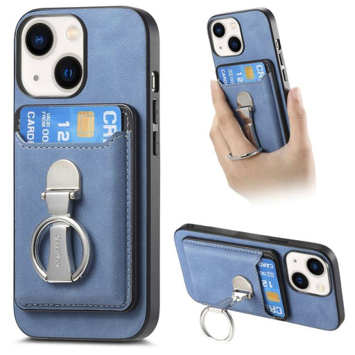 For iPhone 14 Plus Retro Folding Ring Holder Card Bag MagSafe Phone Case(Blue)