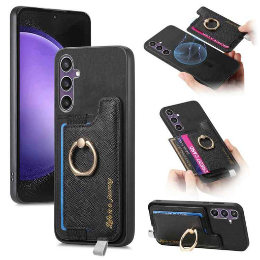 For Samsung Galaxy S24 FE 5G Retro Cross Leather Ring Horizontal Insert Card Bag MagSafe Phone Case(Black)