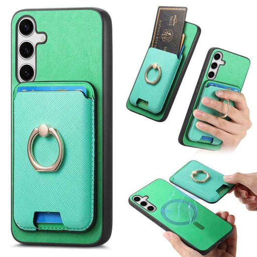 For Samsung Galaxy S24 5G Retro Cross Leather Ring Vertical Insert Card Bag MagSafe Phone Case(Green)