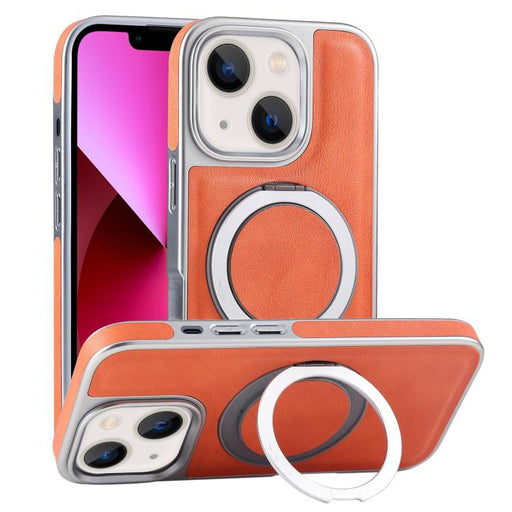 For iPhone 13 Plated Leather Grain Rotation MagSafe Holder Phone Case(Orange) - BaskiFit