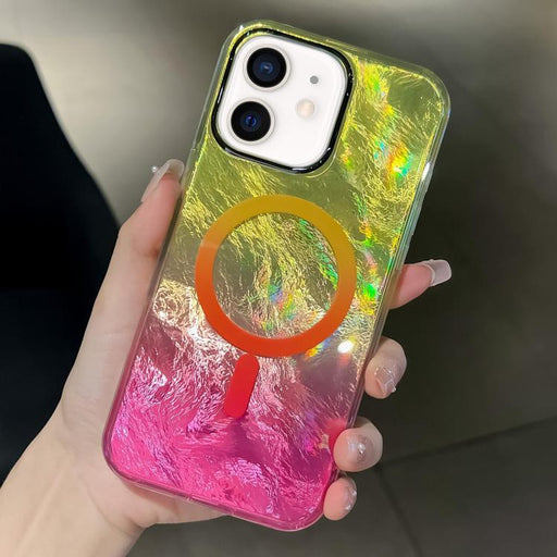 For iPhone 12 Plating Gradient Glacier Texture MagSafe Phone Case(Yellow Pink) - BaskiFit
