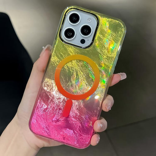 For iPhone 13 Pro Plating Gradient Glacier Texture MagSafe Phone Case(Yellow Pink) - BaskiFit