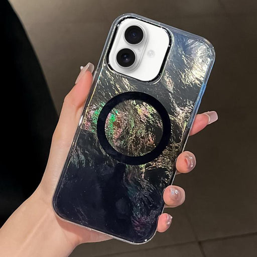 For iPhone 16 Plating Gradient Glacier Texture MagSafe Phone Case(Black) - BaskiFit