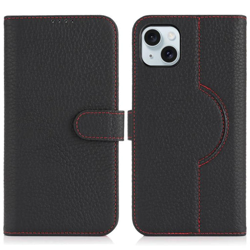 For iPhone 15 Genuine Leather Card Wallet MagSafe Phone Case(Litchi Black) - BaskiFit