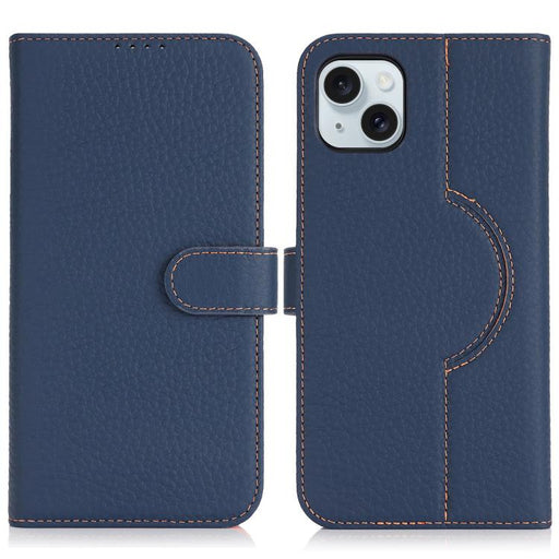 For iPhone 15 Genuine Leather Card Wallet MagSafe Phone Case(Litchi Dark Blue) - BaskiFit