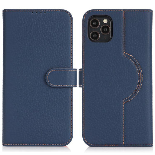 For iPhone 16 Pro Max Genuine Leather Card Wallet MagSafe Phone Case(Litchi Dark Blue) - BaskiFit