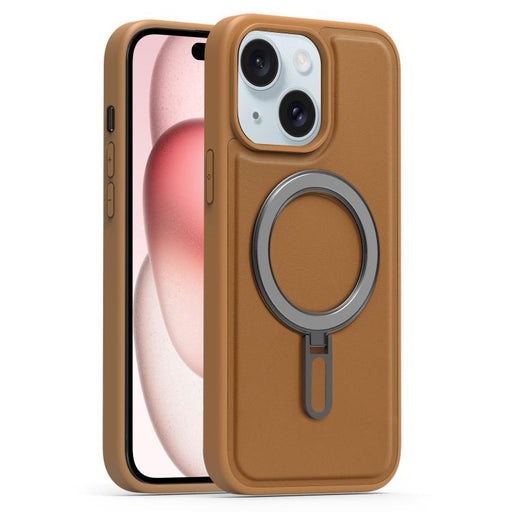 For iPhone 15 Silver Shield MagSafe Holder Shockproof Phone Case(Brown) - BaskiFit