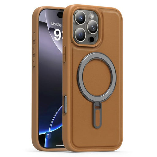 For iPhone 16 Pro Max Silver Shield MagSafe Holder Shockproof Phone Case(Brown) - BaskiFit