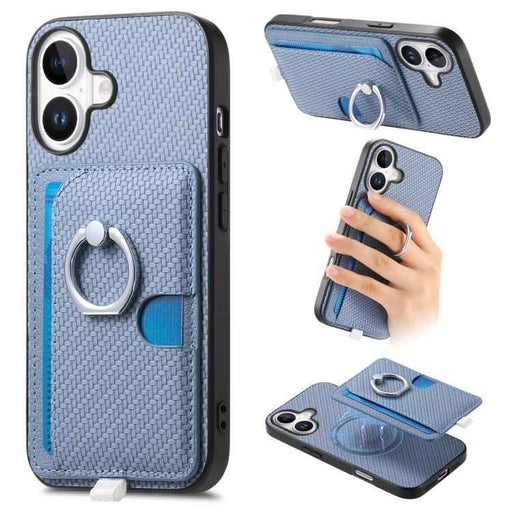 For iPhone 17 Carbon Fiber Ring Side Insert Card Bag MagSafe Phone Case(Blue)