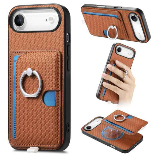 For iPhone Air Carbon Fiber Ring Side Insert Card Bag MagSafe Phone Case(Brown)