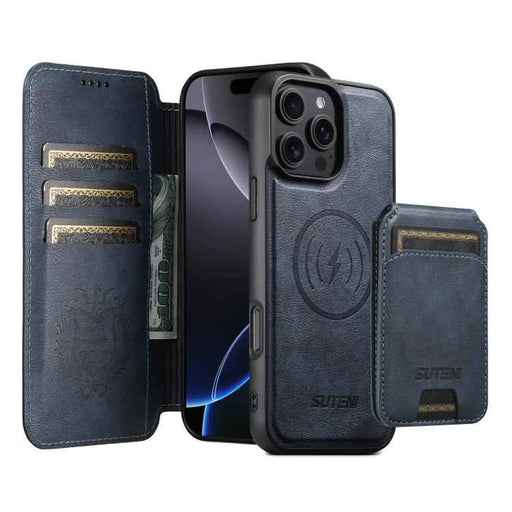 For iPhone 16 Pro Suteni Q05S2 3-in-1 Detachable Vertical Flip Wallet MagSafe Leather Phone Case(Blue)