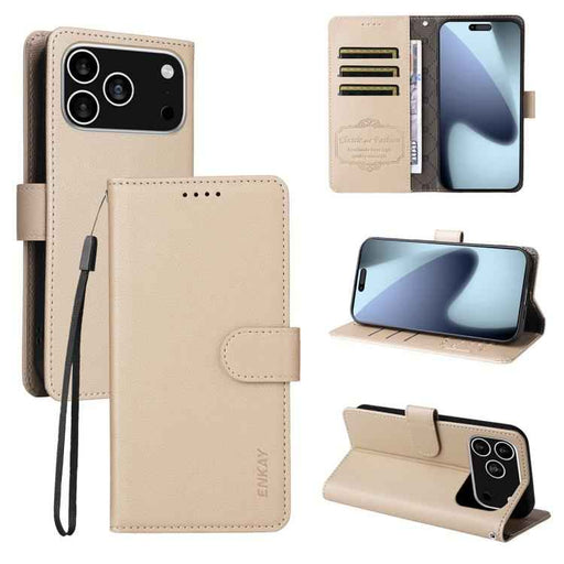 For iPhone 16e ENKAY RFID Blocking Wallet Kickstand Litchi Texture Leather Phone Case(Beige)
