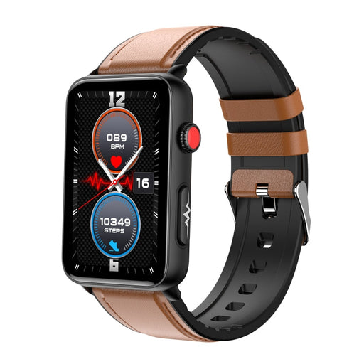 Smart Watch Ring ECG Temperature Heart Rate Blood Pressure Health Bluetooth Talking Watch, Color: Brown Leather PhonoClean