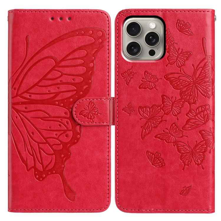 For iPhone 15 Pro Max Butterfly Flutter Pattern Embossed Leather Phone Case(Red)