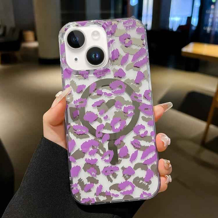 For iPhone 15 Leopard MagSafe Dual-side Laminating IMD Phone Case(Purple)