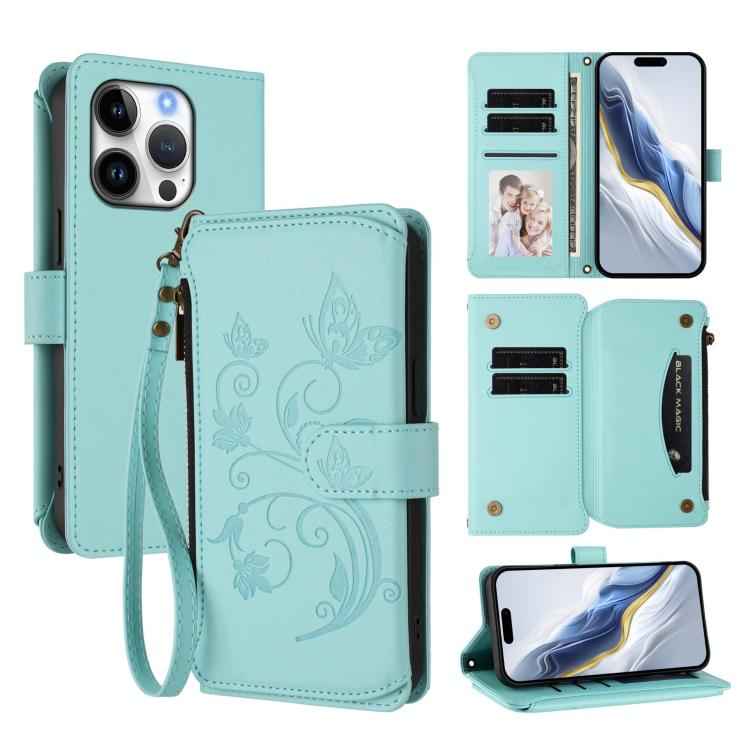 For iPhone 16 Pro Butterfly Love Flower Multi-card Zipper Wallet Leather Phone Case(Mint Green)