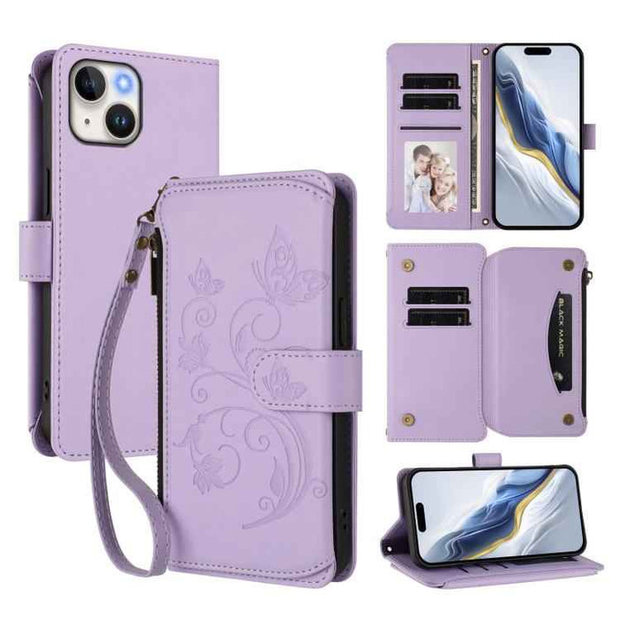 For iPhone 15 Butterfly Love Flower Multi-card Zipper Wallet Leather Phone Case(Light Purple)
