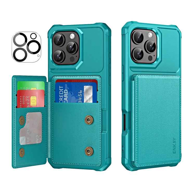 For iPhone 16 Pro ENKAY Hat-Prince Card Slot Wallet TPU Back Leather Phone Case with Lens Film(Cyan)