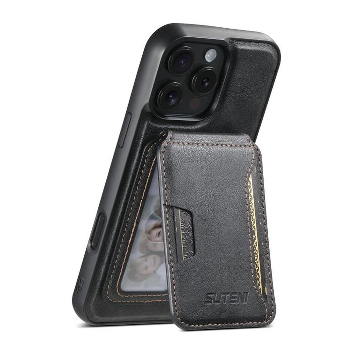 For iPhone 12 Pro Suteni M3 Card Bag MagSafe Cowhide Texture Leather Phone Case(Black)