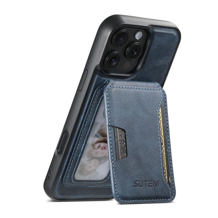 For iPhone 12 Pro Suteni M3 Card Bag MagSafe Cowhide Texture Leather Phone Case(Blue)