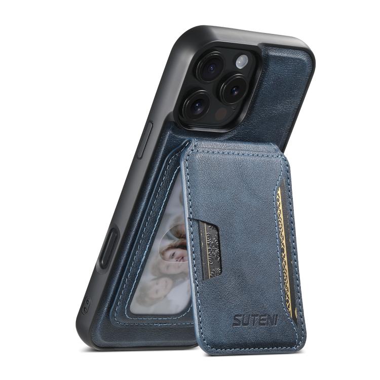 For iPhone 12 Pro Suteni M3 Card Bag MagSafe Cowhide Texture Leather Phone Case(Blue)