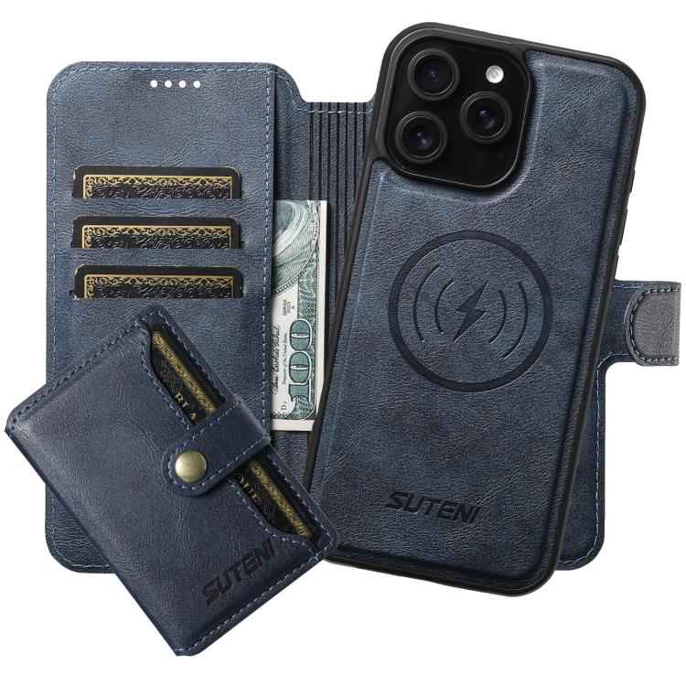For iPhone 14 Pro Max Suteni Q05S1 3-in-1 Detachable Wallet MagSafe Leather Phone Case(Blue)