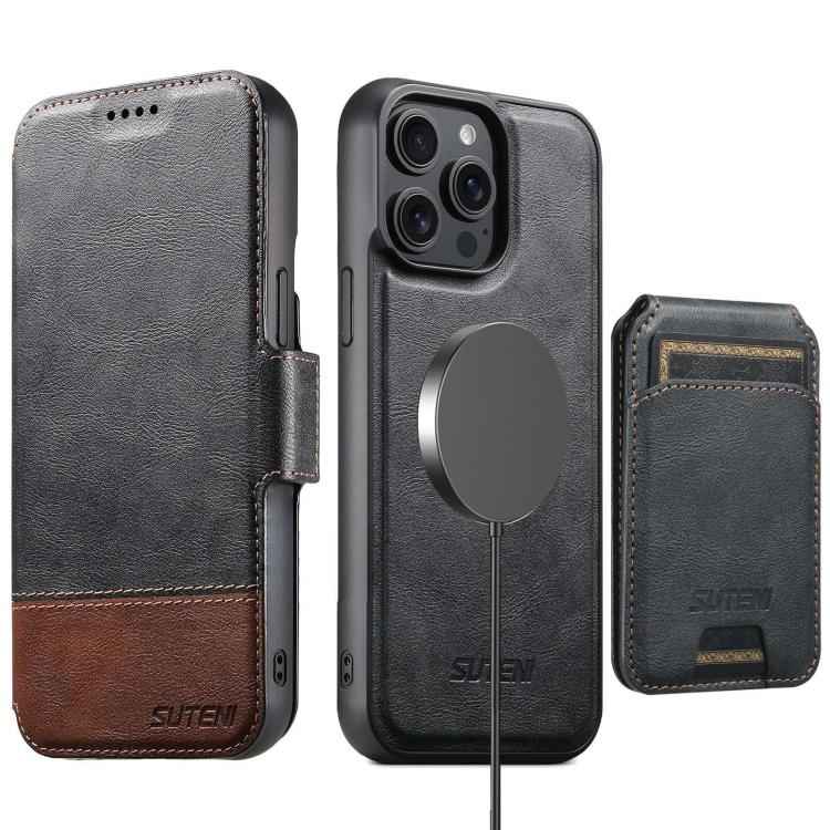 For iPhone 14 Pro Max Suteni Q06S2 3-in-1 Detachable Vertical Flip Wallet MagSafe Splicing Leather Phone Case(Black)
