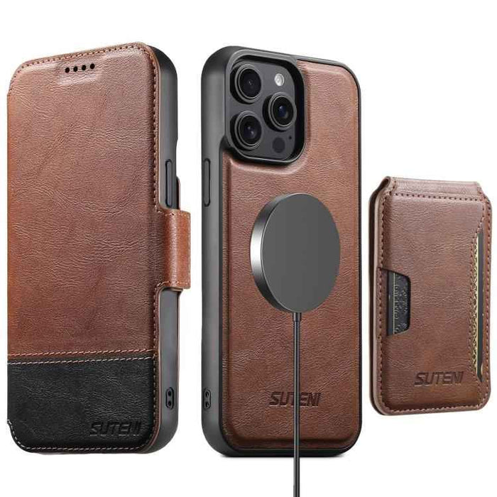 For iPhone 14 Pro Max Suteni Q06S3 3-in-1 Splicing Detachable Vertical Flip Wallet MagSafe Leather Phone Case(Brown)