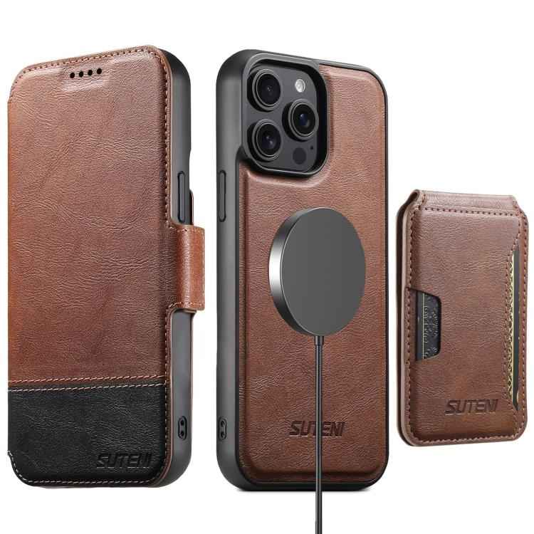 For iPhone 14 Pro Max Suteni Q06S3 3-in-1 Splicing Detachable Vertical Flip Wallet MagSafe Leather Phone Case(Brown)