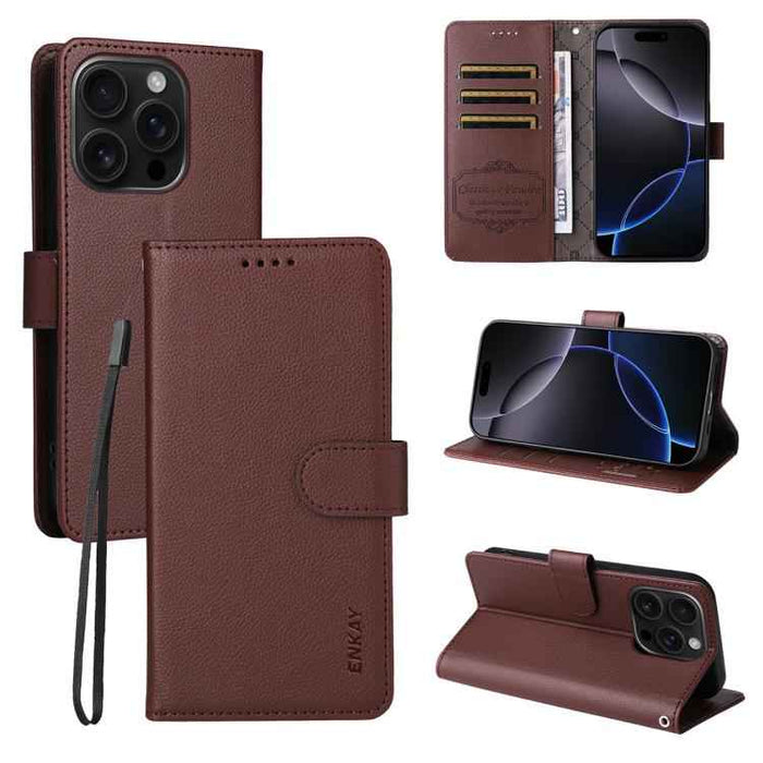 For iPhone 16 Pro ENKAY RFID Blocking Wallet Kickstand Litchi Texture Leather Phone Case(Brown)